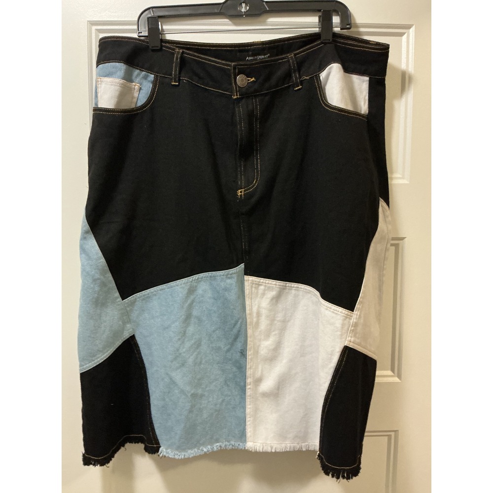 Ashley Stewart Colorblock Patchwork Denim Midi Skirt Black Blue White Womens 18